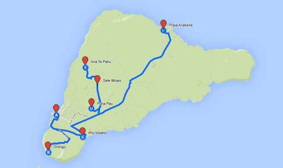 Nosso roteiro de carro por várias das atrações da Ilha de Páscoa, entre moais, pukaos, cavernas, um vulcão e uma praia
